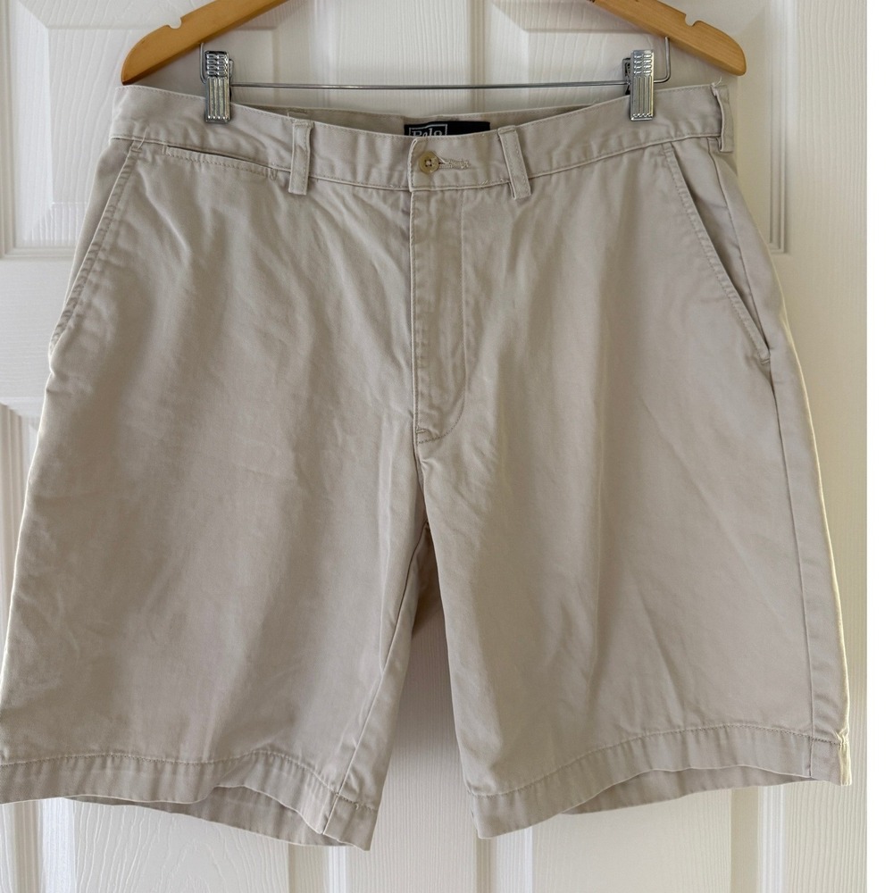 VTG Polo Ralph Lauren Mens 35 Khaki Philip Twill Chino Shorts Flat Front Tan